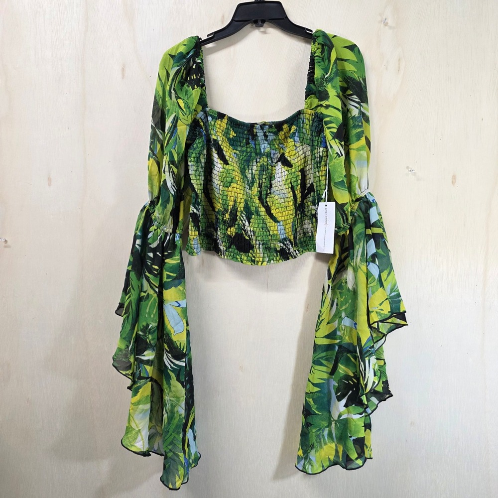 Live 4 Truth Womens Smocked Crop Top Tropical Floral Bell Sleeve Green L